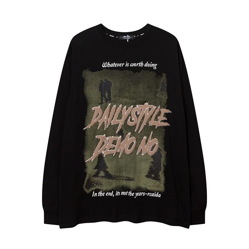 Unisex Oversized Vintage Streetwear Long Sleeve Tee Cotton Graphic Print Loose Fit Casual Top Fall