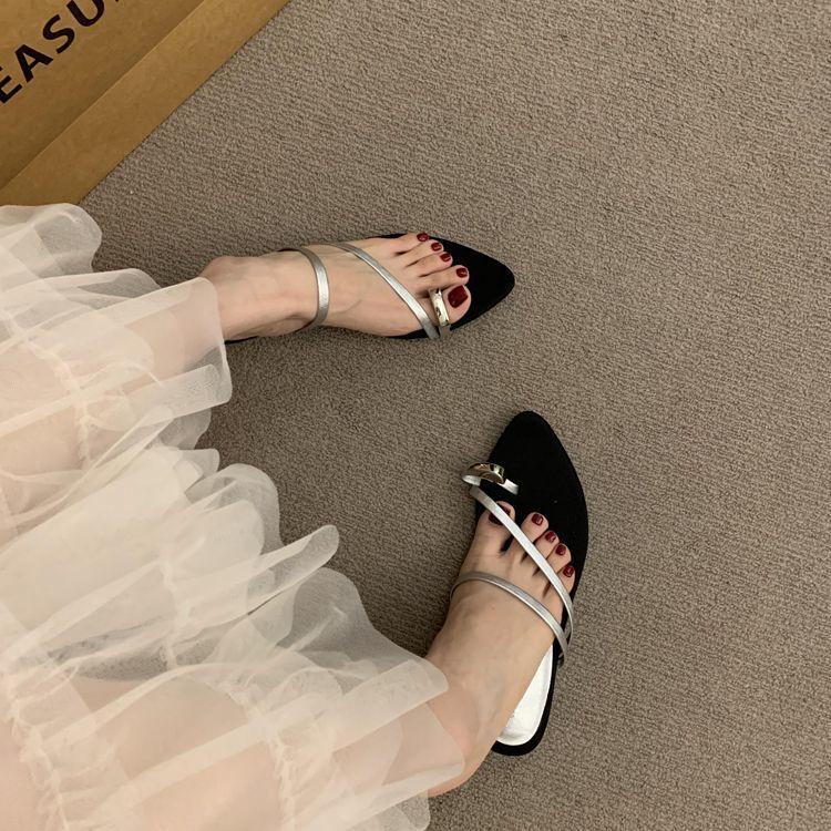 Coarse Heel French Niche Set Toe Cool Slippers Women's Summer Wear 2025 New Summer Thin Strap Pointed Roman Sandals