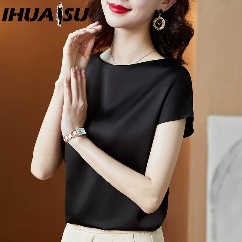 IHUASU Women's Fashion Casual Solid Color Print Short Sleeve O Neck Blouses & Shirts