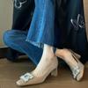 Fashion Spring New Square Heels for Women Fashion Square Head Shallow Mouth Crystal Buckle Anti-slip Wear-resistant Single Shoes