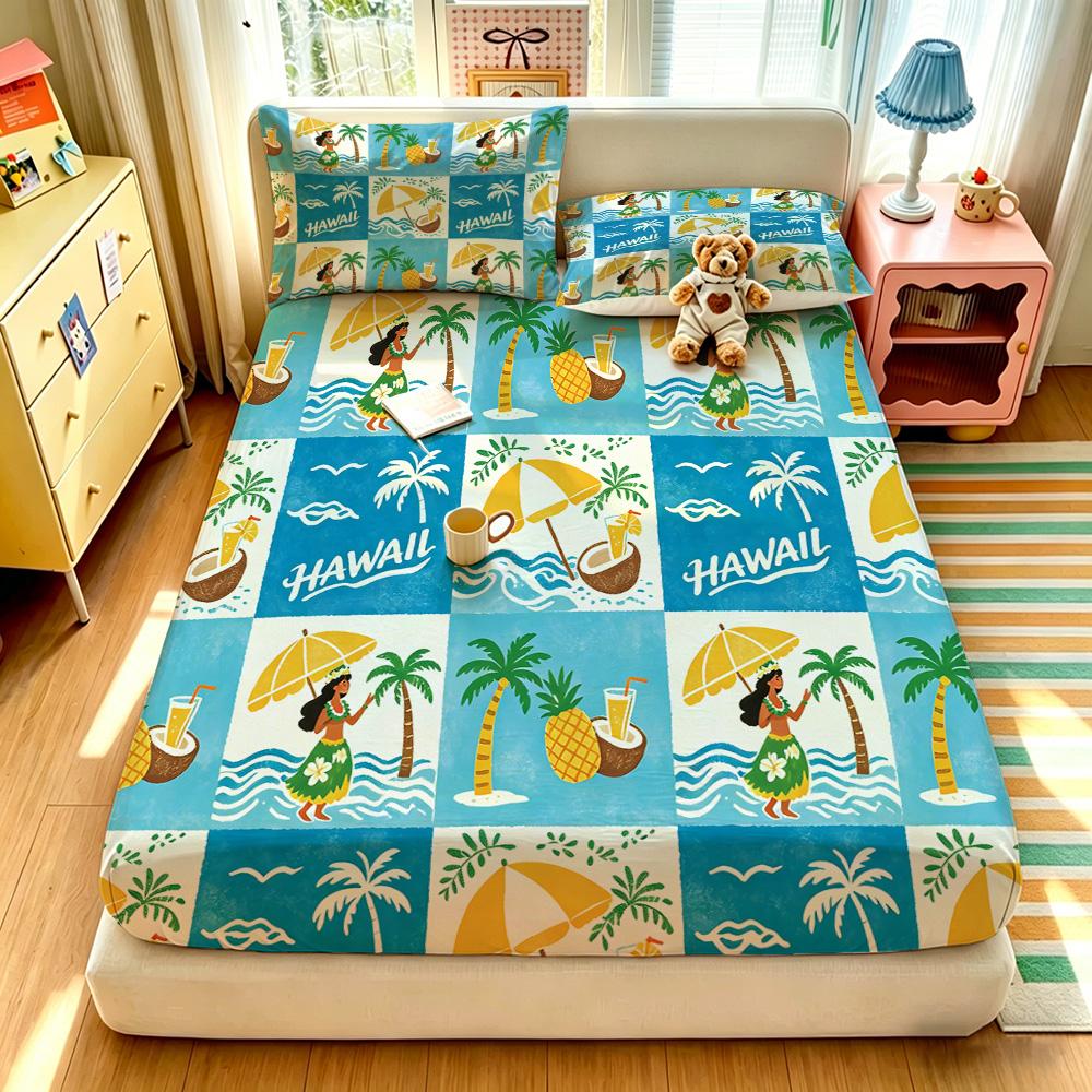 3pcs Beach Vacation Coconut Tree Print Coreless Bed Sheet Set Multiple Sizes Soft Bed Covers, Bedroom Bedding Decorations, Gifts