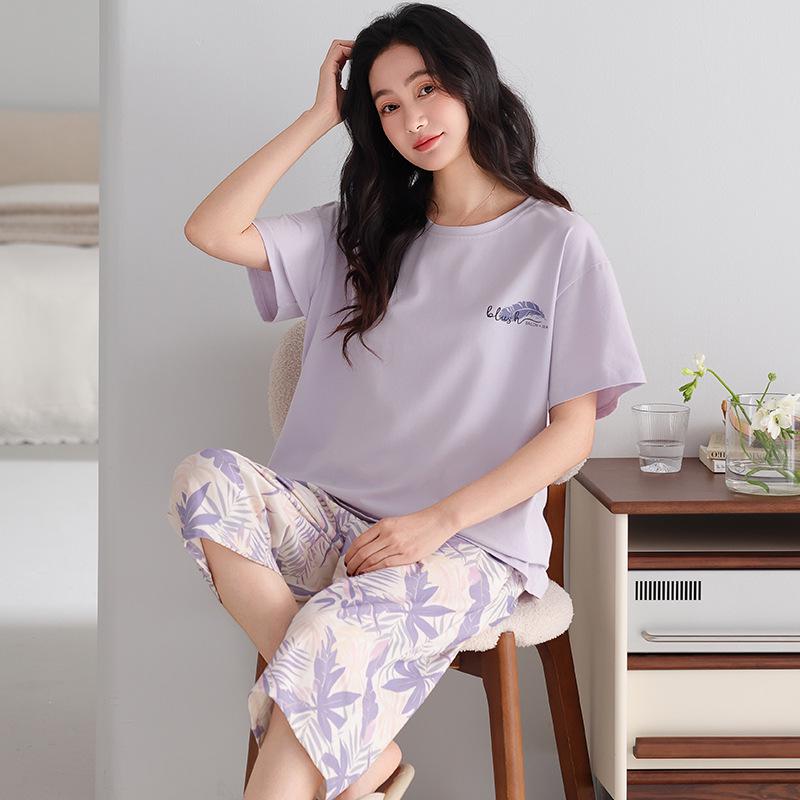Women's Summer Pajama Set: Thin Modal Cotton Silk, Short Sleeve, Seven-Point Pants, Casual Wear.