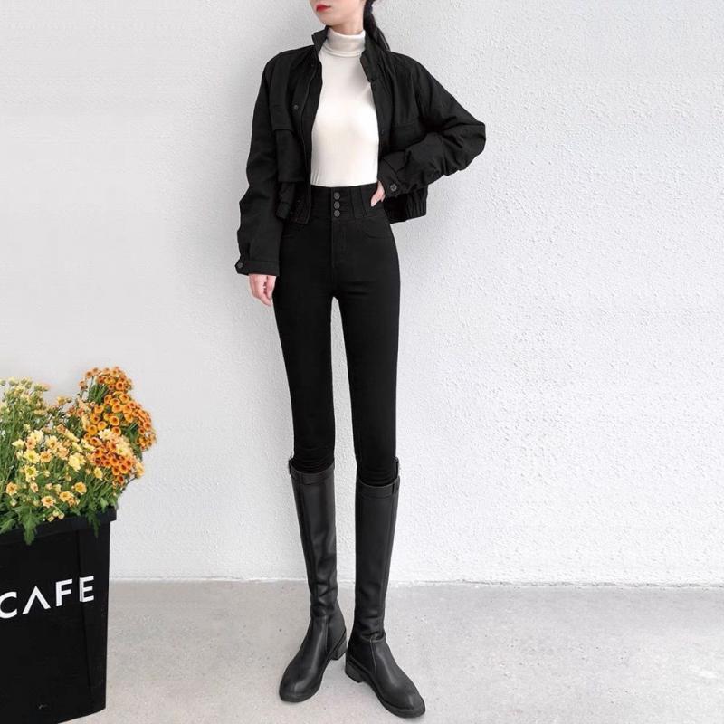 High-waisted Tight Black Bottoming Pants Outer Wear Spring and Autumn 3 Buttons Small Foot Pencil Pants Slim Anti-pilling Hundred with Long Pants