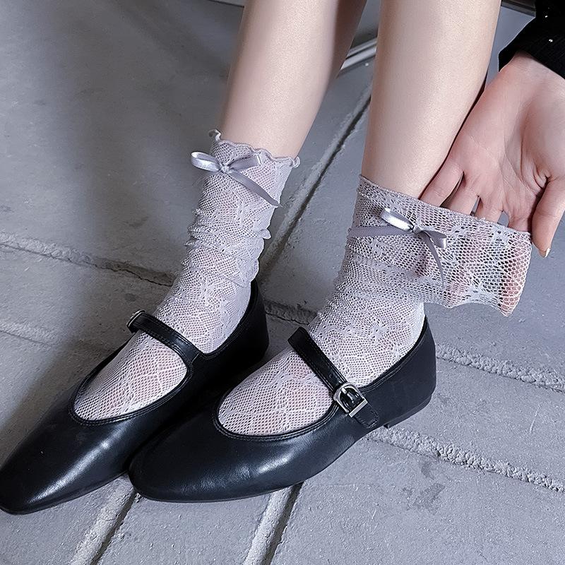 Women's Summer Thin Sweet Bowknot Wooden Ear Edge Mesh Breathable Lace Ballet Wind Drum Pile Socks