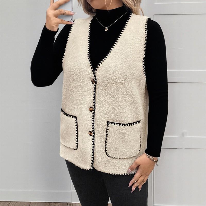 Womens V-Neck Sleeveless Cardigan Vest Plus Size Mid-Length Thick Fleece Outerwear Fall Winter Loose Casual Top