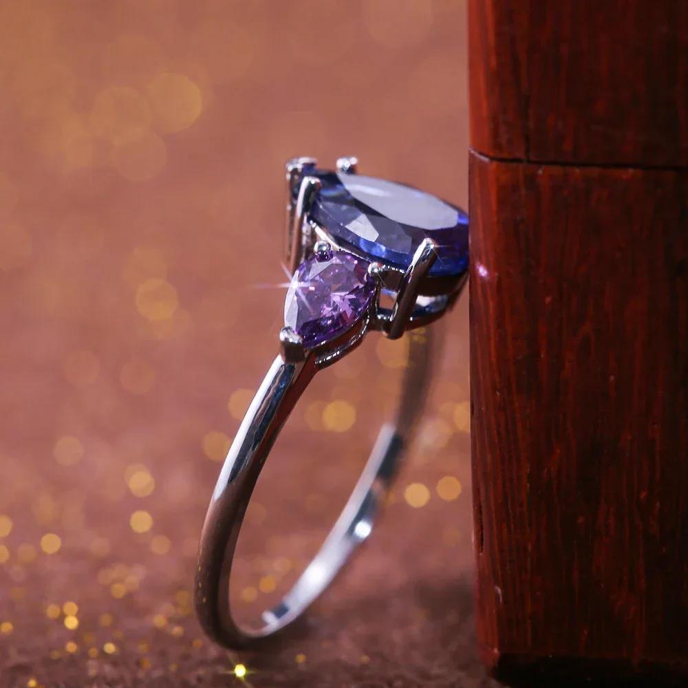 Huitan Tear Drop Women Ring With Bright Blue Purple Stone Wedding Engagement  Pear Shaped Water  Jewelry