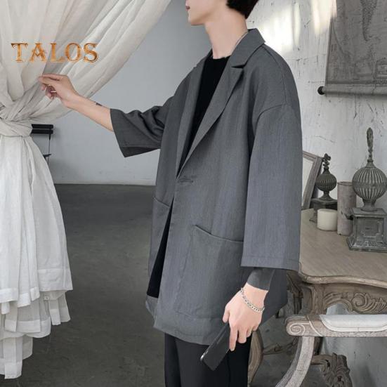 Men Suit Coat Solid Color Spring Summer Suit Jacket Single-Button Lapel Design 3/4 Sleeve Loose Fit Casual Business Outerwear