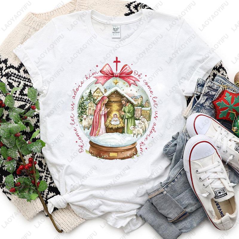 Oh Come Let Us Adore Him Printing Shirt Nativity Scene Snow Globe Xmas Tee Jesus Christmas Oh Holy Night Hand Drawn Cotton Tops S