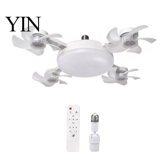 E27 Socket Fan 3/4/5 Blade Ceiling with Light & Remote Control, 2-in-1 Silent LED Drone Compact Ventilation Lamp Foldable Blades, 3-Speed Dimmable for