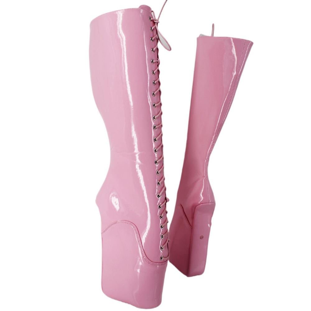 Fashion FHC 18CM Wedges Pony Heel Knee High Boots,Women Fetish Dance Shoes,Men Cosplay Botas,Lace-up,Black,Red,Pink,Blue,Custom Colors