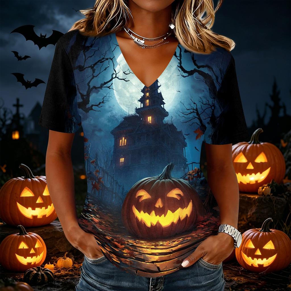 Women's Casual Short Sleeve V Neck Pullover Top Halloween Pumpkin Print Lightweight Comfortable Fit