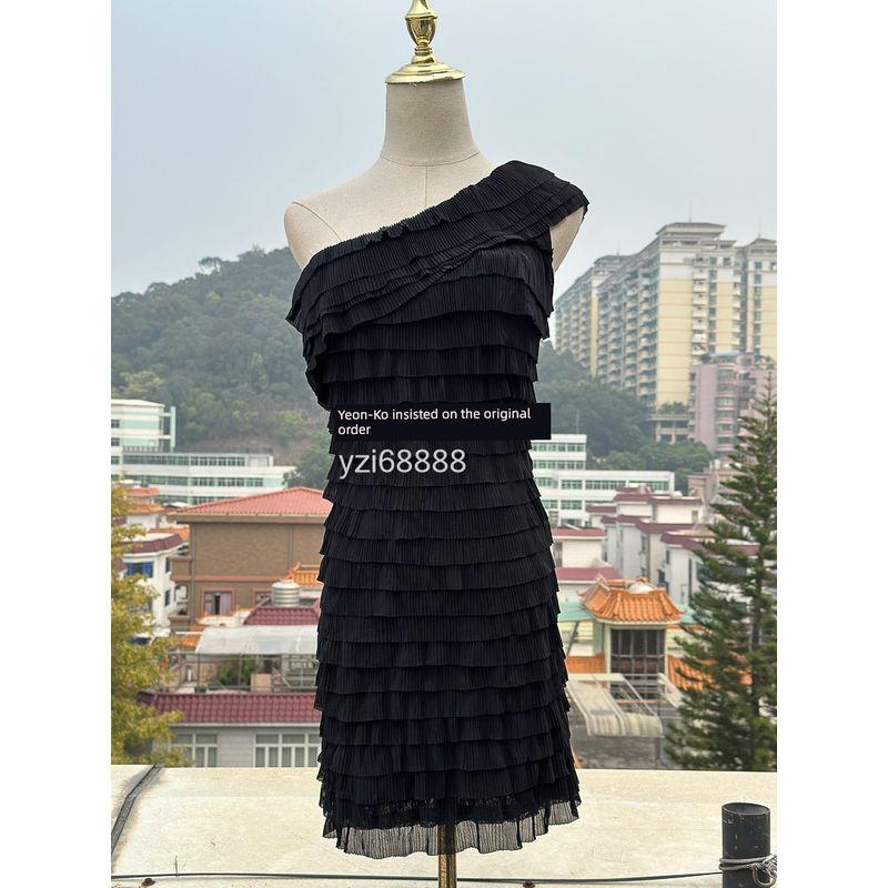 

Yanzi Export Endle * Ro * E Black Multi-Layer Ruched Single Piece Temperament Waist-Controlled Slimming Sexy Pleated Dress Black Melasagna Dress L