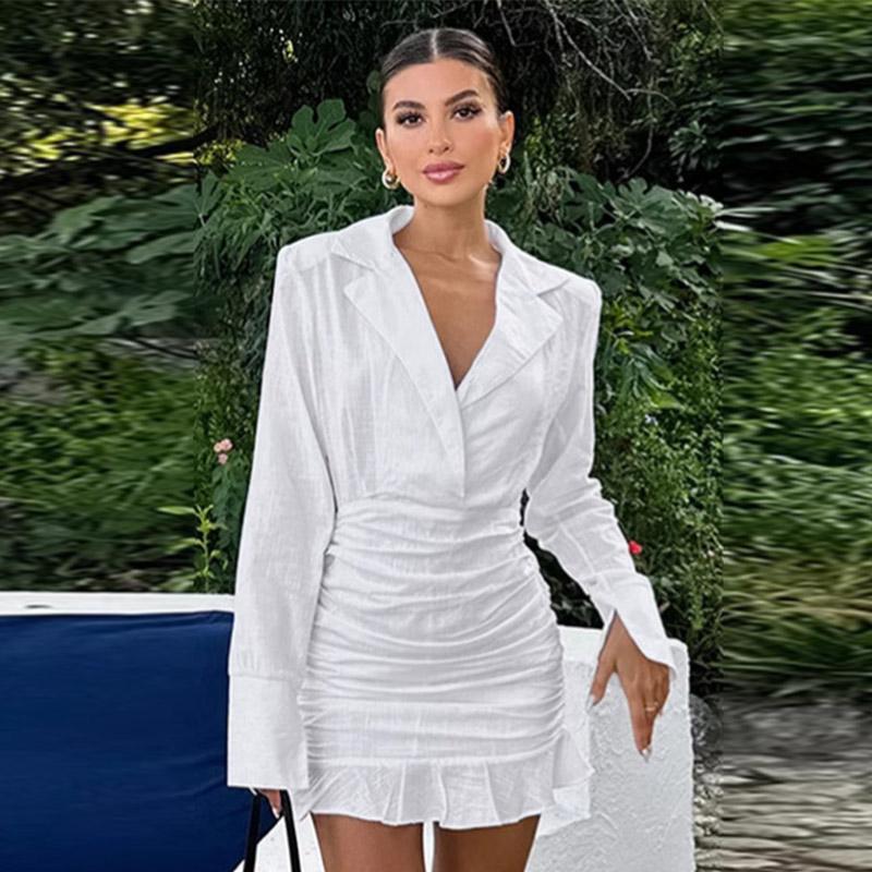 Witte Katoen en Linnen Slim Ruffles Rand Jurk Dames Slim Heupomsluitende Jurk Revers Lange Mouwen Mode Lente en Zomer