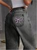 Jeans Dritti da Donna Y2K a Vita Alta con Ricamo a Fiocco - Larghi, Lunghi e Modellanti
