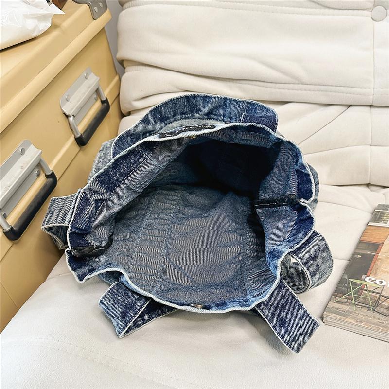 Large Capacity Denim Bag Retro Tote Bag Commuter Student Class Shoulder Crossbody Bag