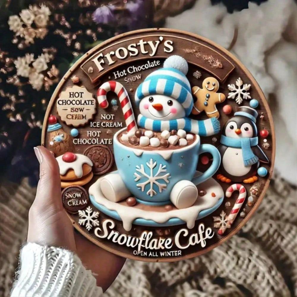 Winter Joy Cafe Metal Wall Art Frosty Snowflake Round Sign Home Decor Gift