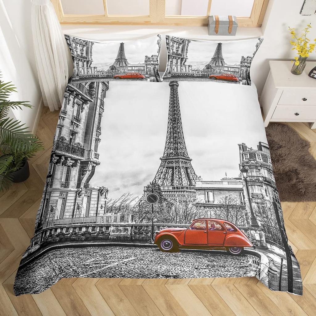 Eiffel Tower Duvet Cover Paris Tower Red Car Bedding French Style Home Decoration Grey Cityscape French Romantic Gift for Women