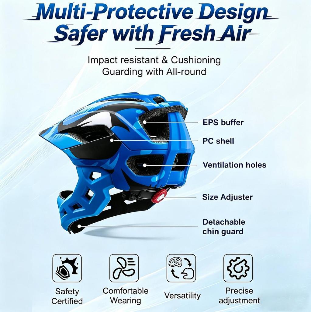 Çocuklar İçin Çıkarılabilir Tam Yüz Kaskı, PC+EPS Güvenlikli Bisiklet Kaskı, Bisiklet Sürme, Paten Kayma, Scooter Kullanımı İçin Ayarlanabilir 50-55cm