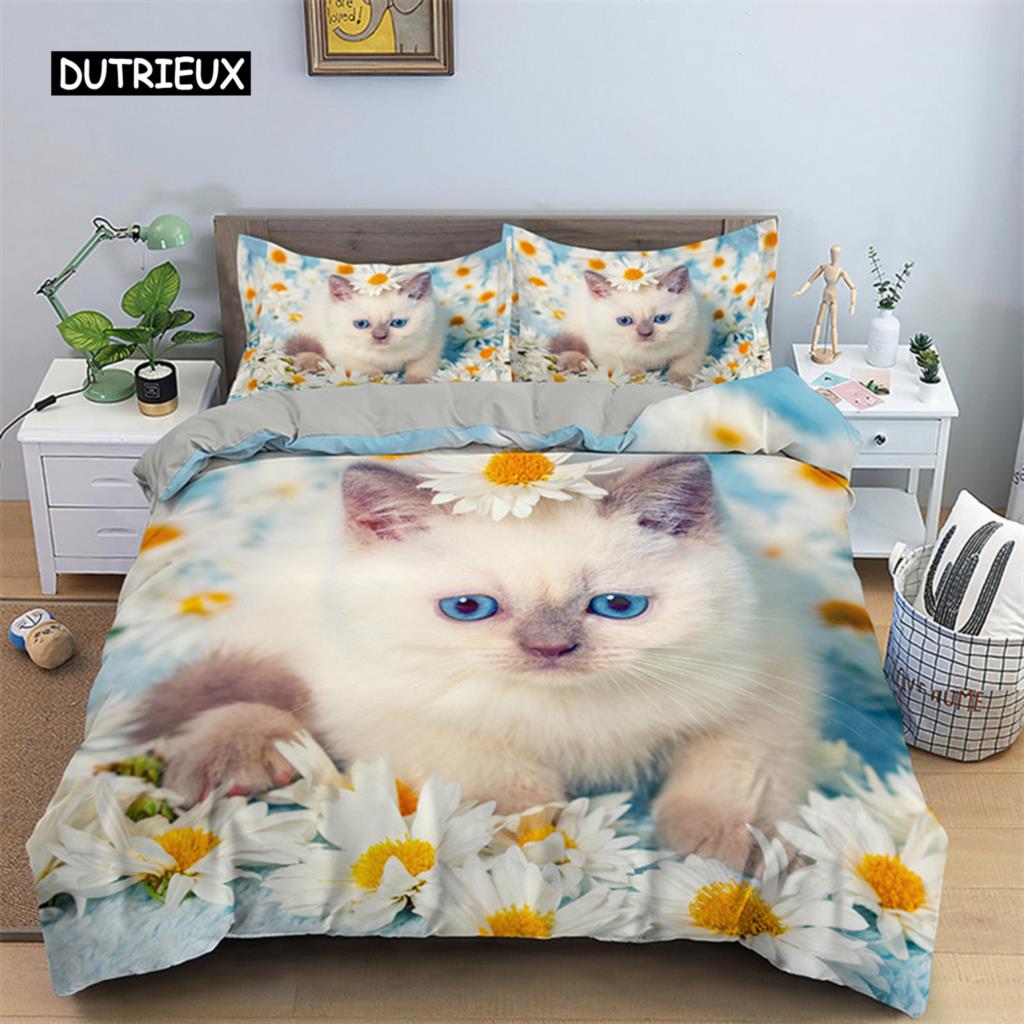 3D Cat Print Duvet Cover Floral Bedding Set Twin Full For Kids Girls Boys Room Decor Luxury Microfiber Funny Animal Quilt Cover