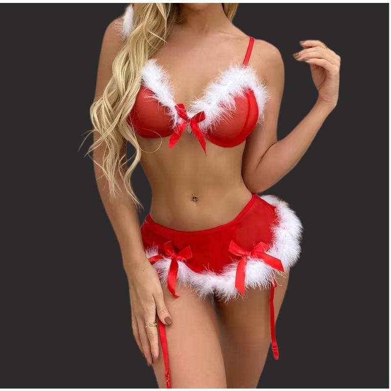 Christmas Lingerie Sets For Women Role Play Erotic Costumes Strappy Bowknot Hot Red Lace Sexy Bra Panty Garters Underwear Sets