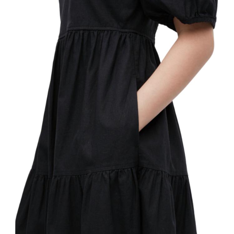 UNIQLO Solid Color Square Neck Lantern Sleeve Pleated Short Sleeve Dress Women dresses Black 461802-09