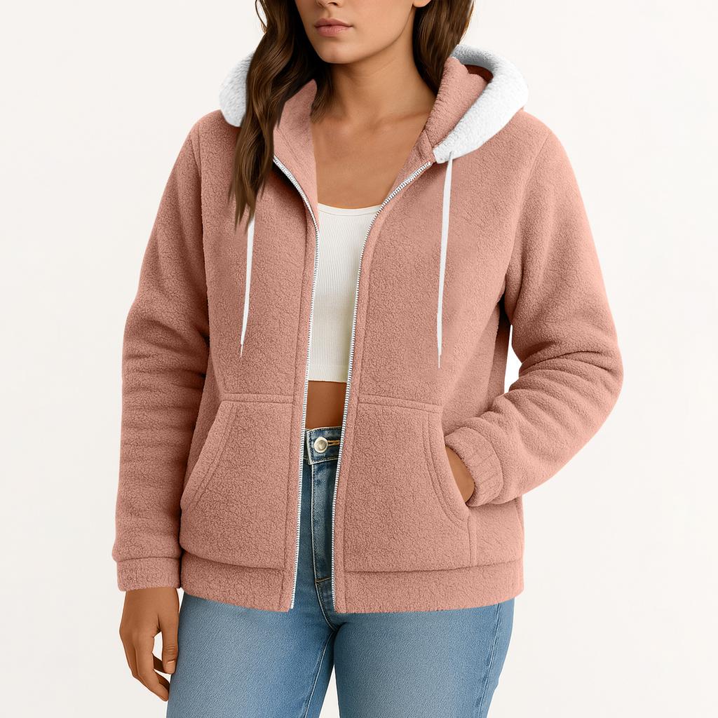 Women's  Fuzzy Fleece Jacket Hooded Color Block Patchwork Lady Cardigan Coat Outerwear With Pockets And Cat Ears