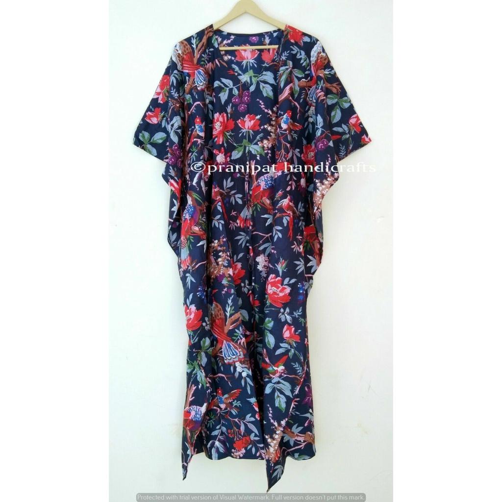 Indisch Blau Lang Vogel Bedruckt Baumwolle Übergröße Maxi Damen Überwurf Kaftan Kleid CKFTN-SCRN-FULL-BUYIT-061