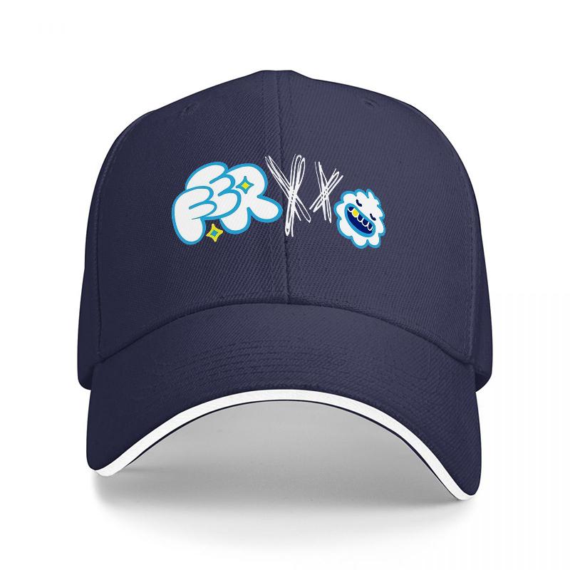 FR X K Logo Baseball Cap Black with Blue and White Graphic Design Stylish Urban Streetwear Accessory for Unisex and Women