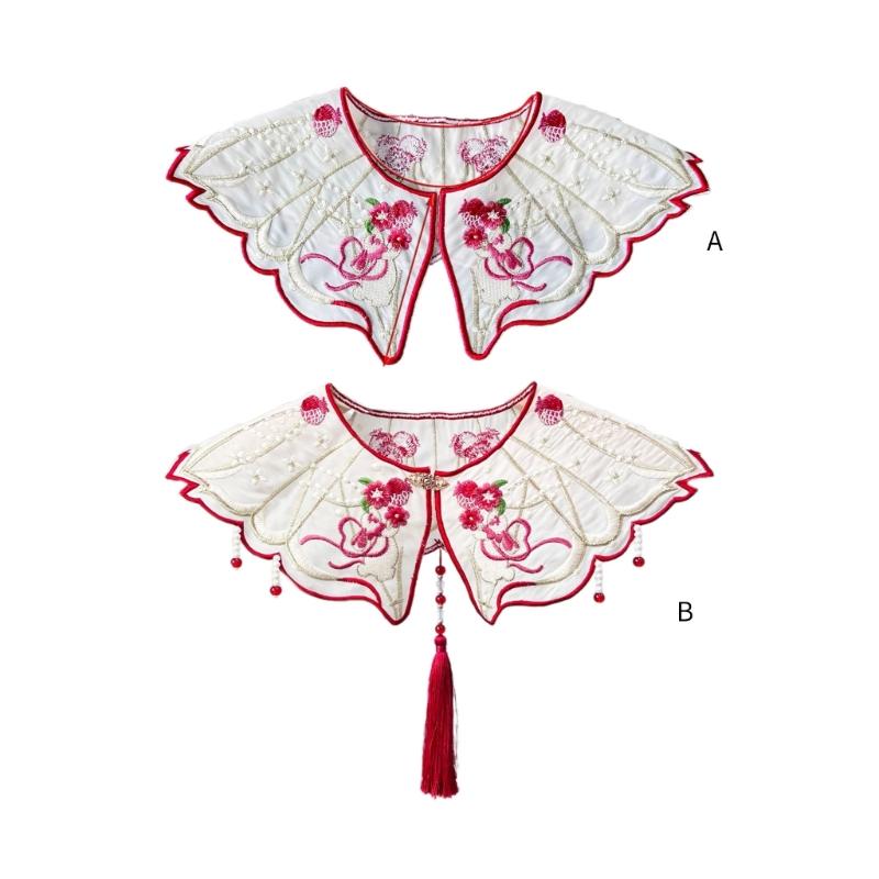 Traditional Chinese Style Pearl Beaded Tassels False Collar Embroidered Rabbit Flower Small Cloud Shoulder Shawl Wrap