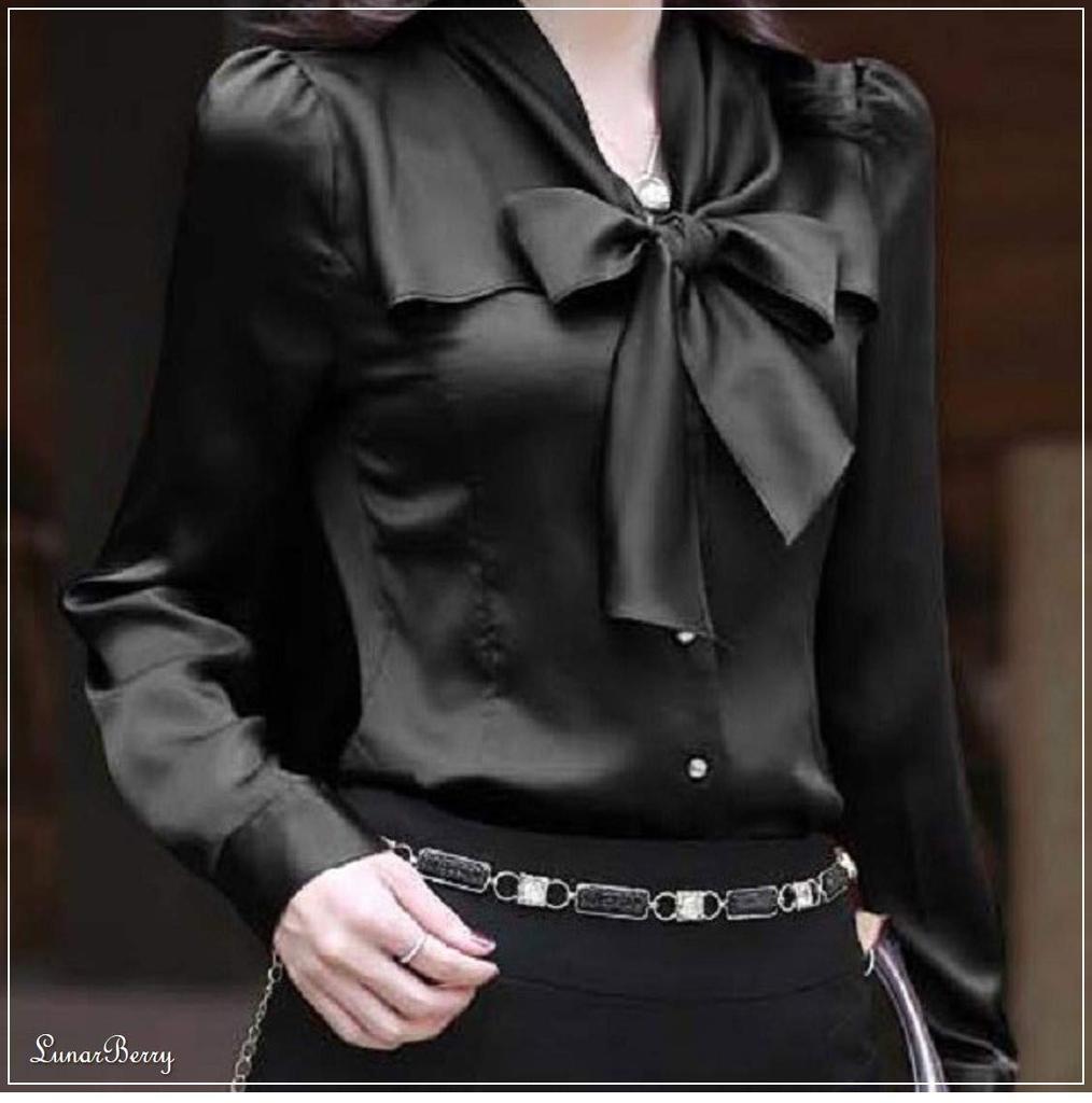 Lunar Berry 3803 Long Sleeve Satin Blouse with Ribbon Perfect for Office Features a ribbon tucked and a simple (M, Black) - Tie, Wear. collar, hem,