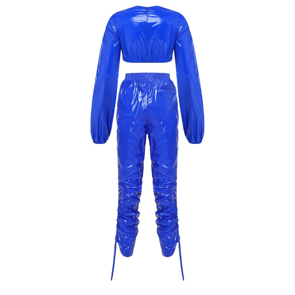 Waterproof Vinyl Long Sleeve Crop Top and Elastic Waist Capri Pants Set with Back Zipper Side Drawstrings for Women Fitness Workout