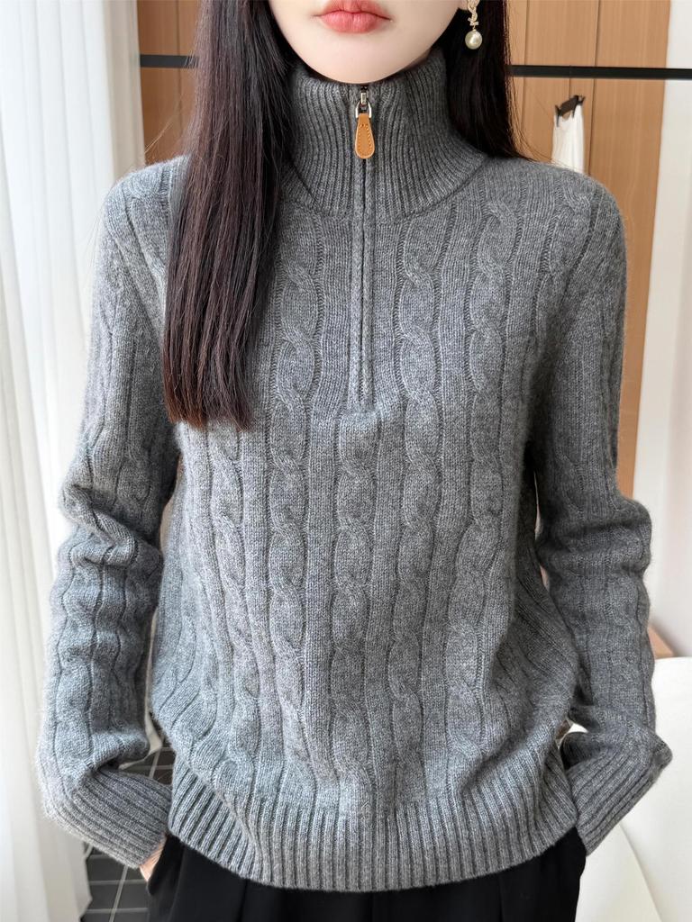 Fashionable Lapel Pure Wool Cable Knit Zipper Sweater - Loose Fit, Simple Long Sleeve Knitwear Top