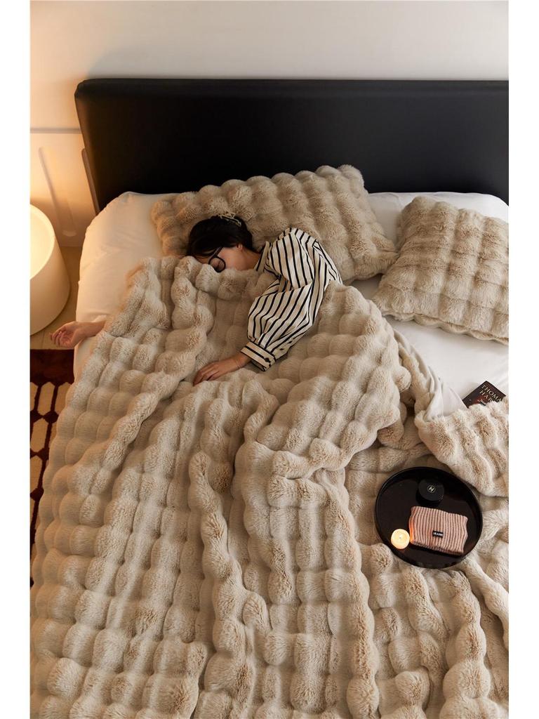 Elegante doppellagige Plüsch-Bubble-Kaninchen-Decke - Kuschelige Nickerchen-, Sofa- und Schalumschlagdecke