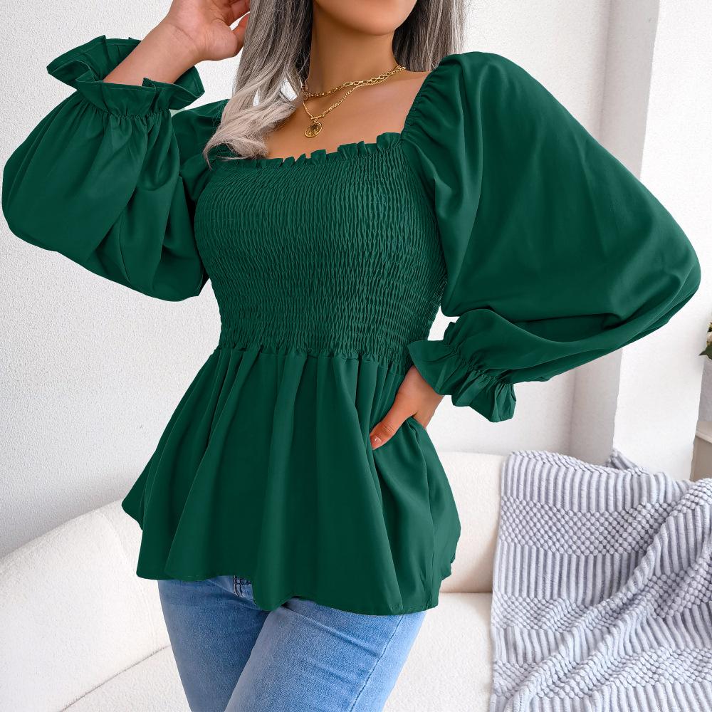 GMXIA Women's Fashion Casual Summer Solid Color Print Slim Long Sleeve Square Collar Blouses & Chiffon Shirt with Wooden Ear Edge Shirts