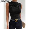 BITCED Women's Spring/Summer Fashion Versatile Solid-Colour Pleated Sleeveless Pullover with Half-High Neck T-Shirt