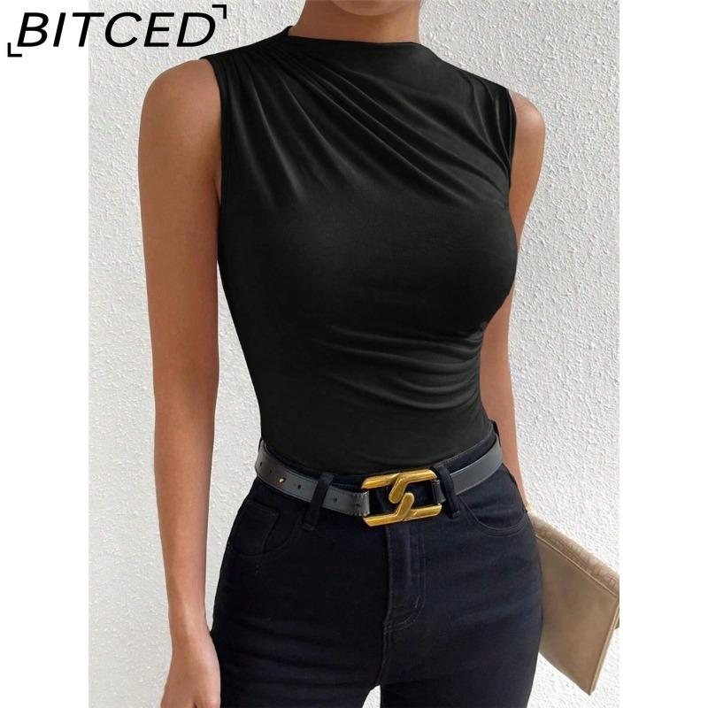 BITCED Women's Spring/Summer Fashion Versatile Solid-Colour Pleated Sleeveless Pullover with Half-High Neck T-Shirt