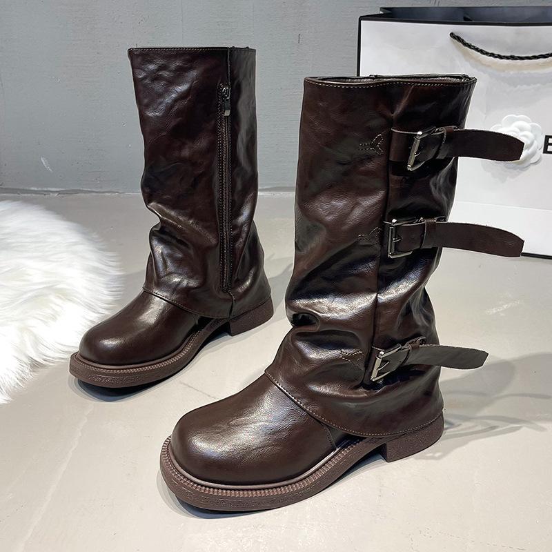 

Нишевые ретро-сапоги на толстом каблуке средней высоты, ковбойские стековые сапоги в стиле вестерн, рыцарские сапоги, ранняя осень, ботинки «Мартин», французские женские сапоги 40 коричневый