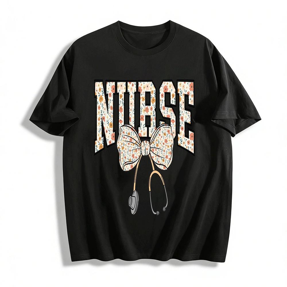 Floral Nurse Print Top With Stethoscope Bow Graphic For Medical Workers Pure cotton T-shirt XXS