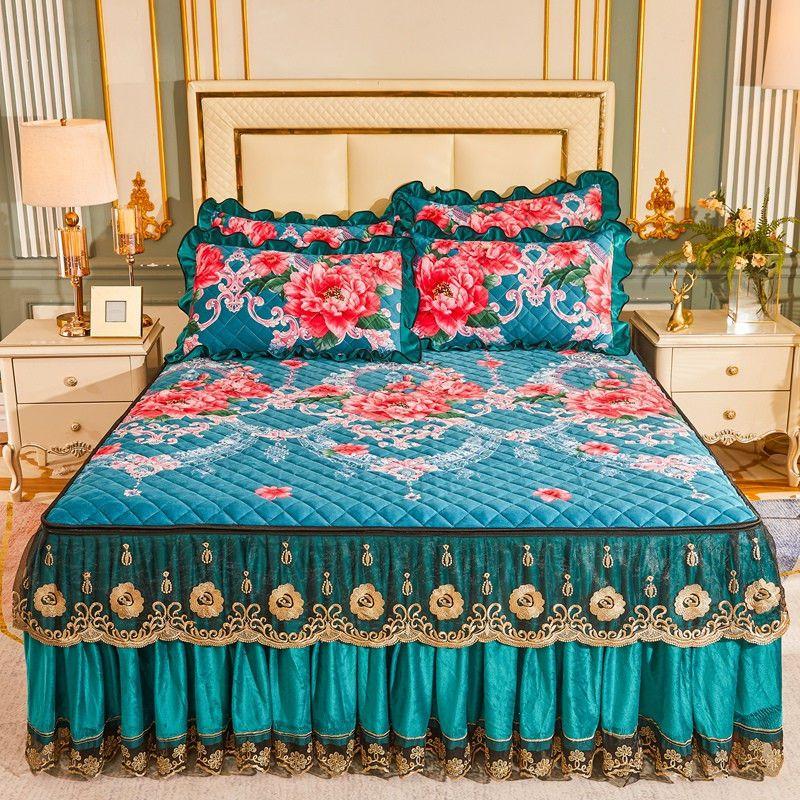 High Grade Winter Crystal Velvet Thicken Quilted Bedspread King Queen Size Flannel Quilting Bed Skirt Including Pillowcase