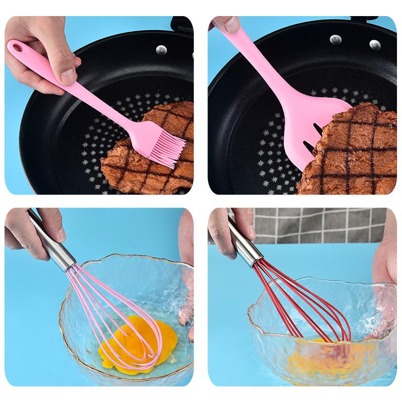 Five-Piece Silicone Kitchen Tool Set: Egg Beater, Scraper, Steak Frying Spatula, and Drain Spatula. Ideal for Baking and Cooking.