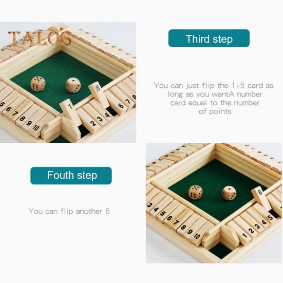 Shut The Box Joc de masă cu zaruri Joc educațional de strategie cu numere de matematică în 4 direcții 4 jucători Copii adulți Petrecere de noapte în familie Jucărie din lemn Close The Box