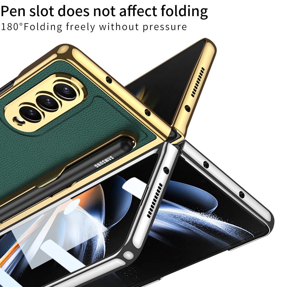 Samsung Z Fold 4 Pen Slot Leather Phone Case with Electroplated Finish and Camera Protection