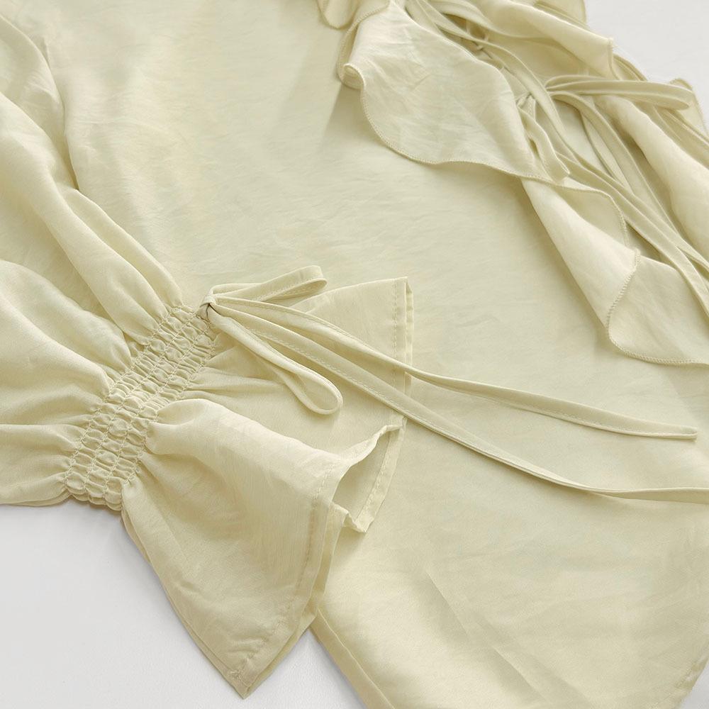 Spring and Autumn Sweet Loose Ruffled Two-Piece Set V-Neck Shirt and Shorts Set for Women