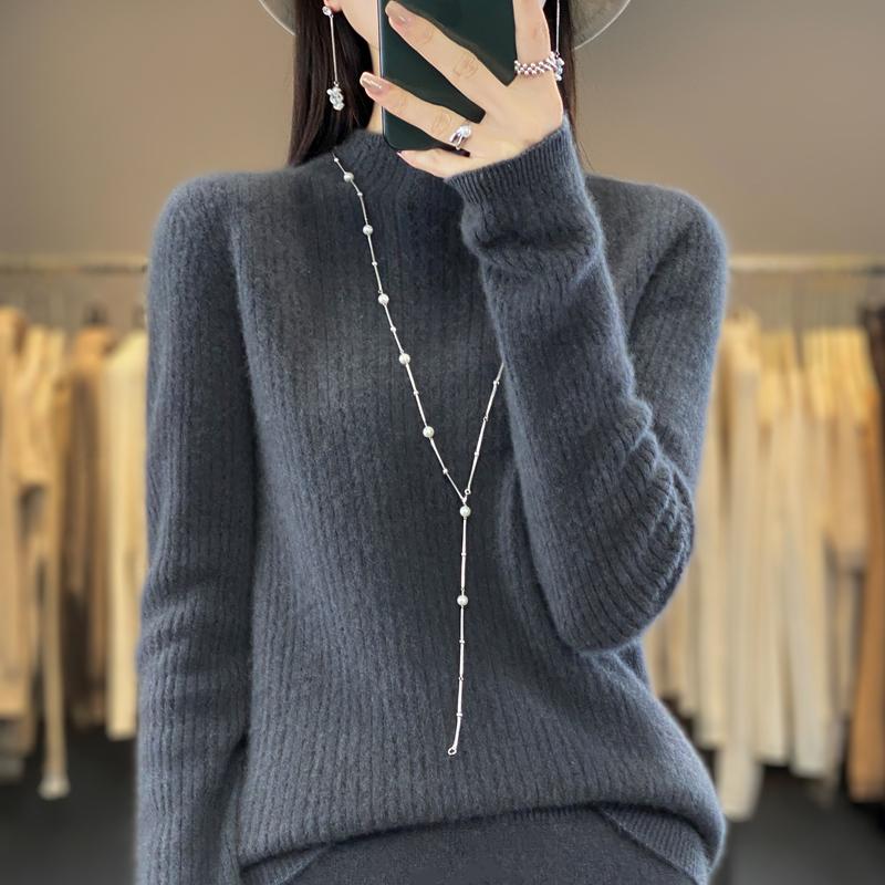 Damski sweter z półgolfem, kaszmir Qinghe, 30% kaszmiru, 70% wełny, zimowy sweter dzianinowy, jesienny sweter kaszmirowy