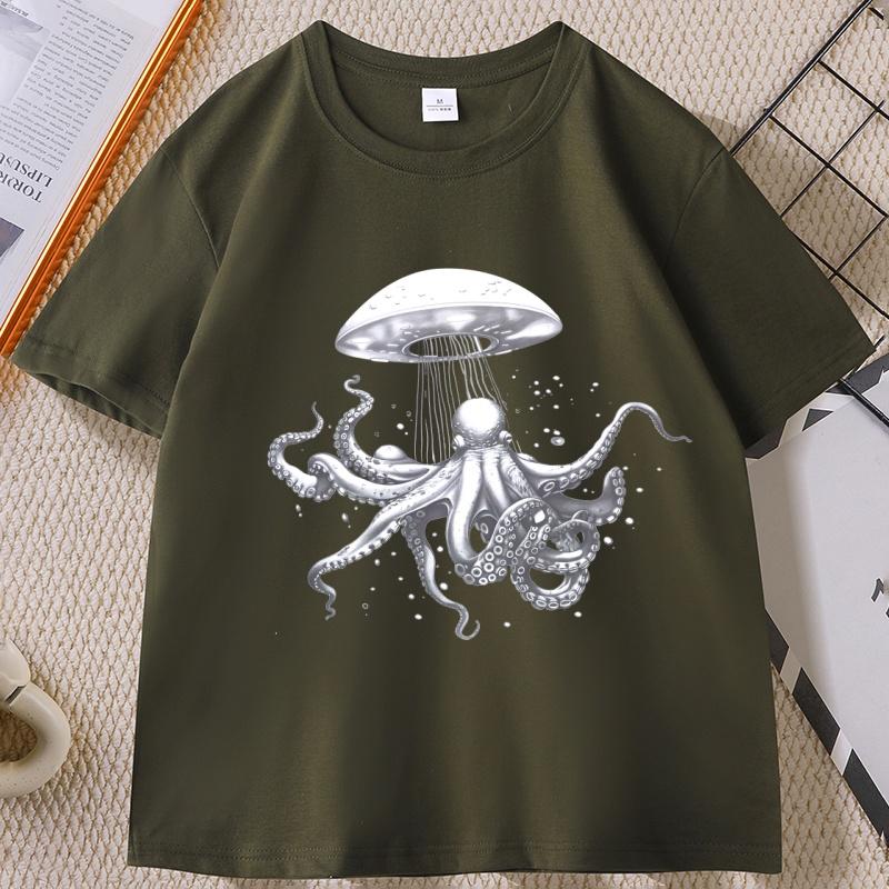 Vintage Octopus Ufo T-Shirt Cool Alien Octopus TShirt Unisex WOMEN Fashion Adult Baggy Tee Casual Breathable Loose Round Neck Tee