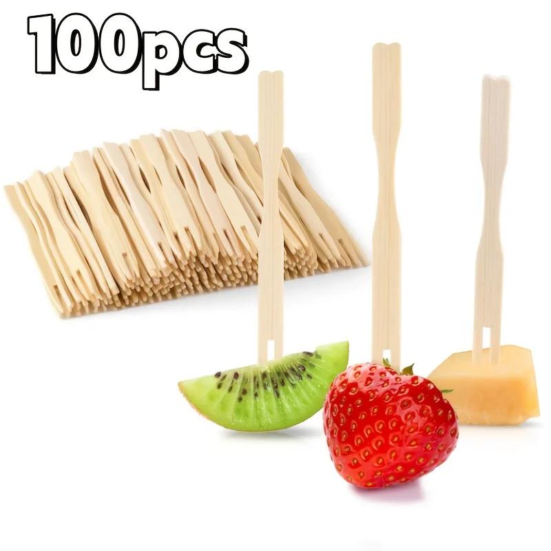 100 Mini Bamboo Appetizer Forks, 3.5-Inch Disposable Design Perfect for Fruit, Snacks, Desserts and Party Use