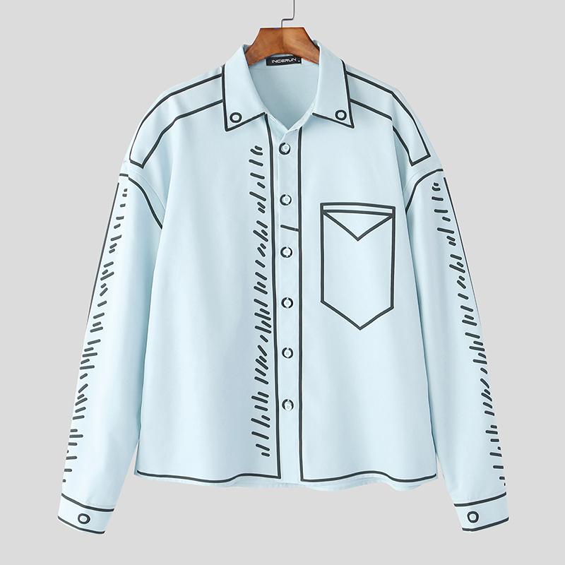 

INCERUN свободные весенние мужские рубашки с длинным рукавом и лацканами с мультяшным принтом повседневные топы 4XL синий