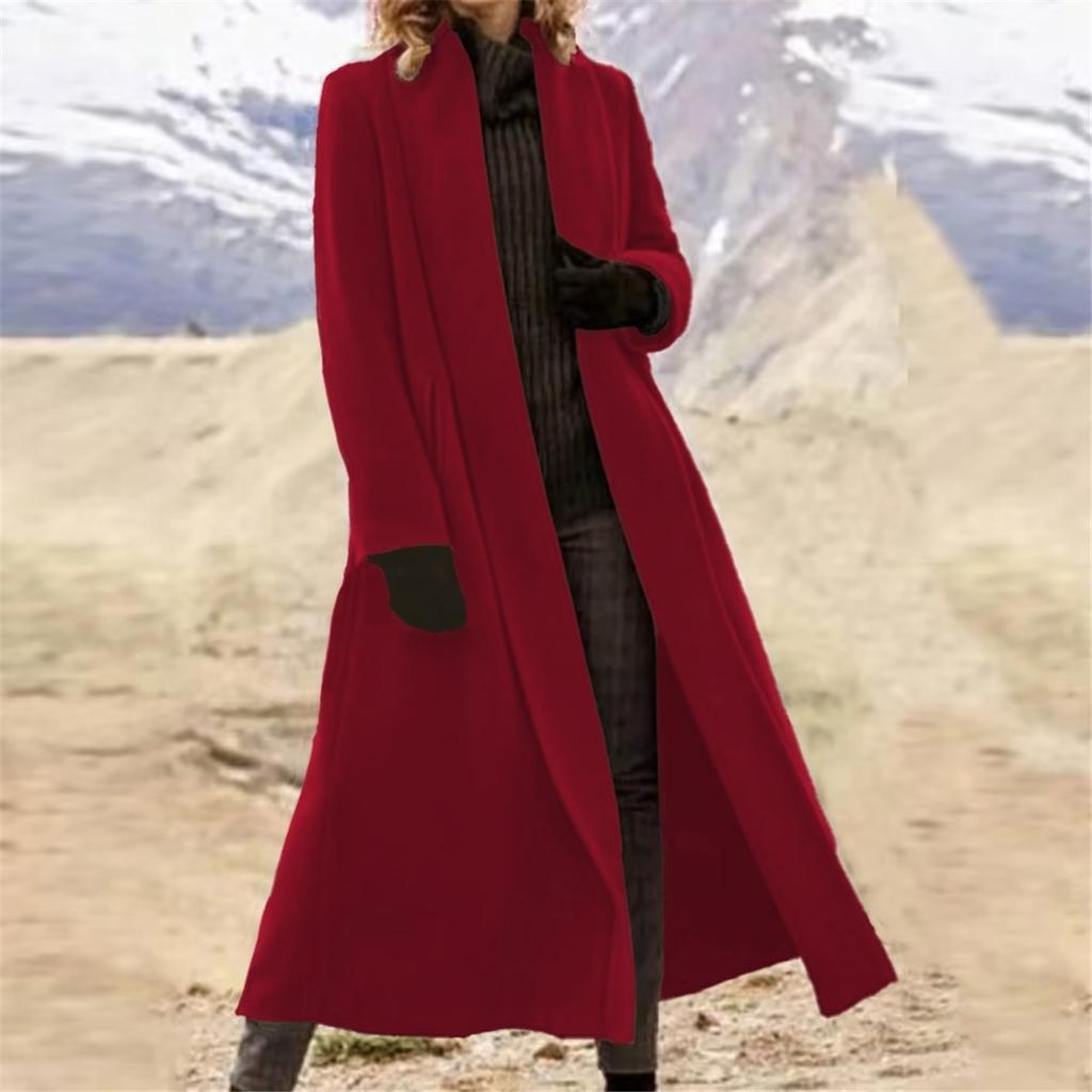 Women Open Front Long Wool Coat Lapel Collar Long Sleeve Loose Maxi Overcoat Casual Autumn Winter Outerwear