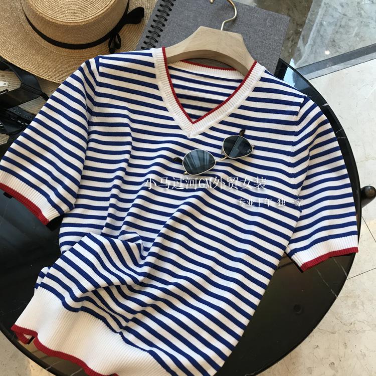 

Must-Have: Женский вязаный свитер-футболка в синюю и белую полоску – с круглым/V-образным вырезом, идеально подходит для весны/лета. Extra Large