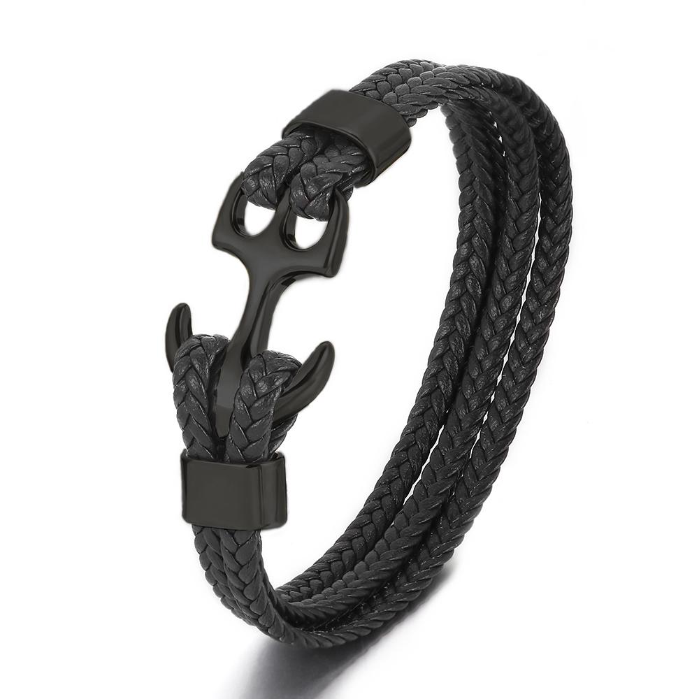 Handmade 18K Gold Plated 316L Stainless Steel Leather Animal Shape Punk Anchor Cuff Bracelet Braided for Men